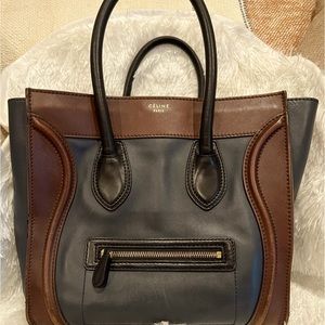 Celine tricolor micro luggage tote. Navy and brown